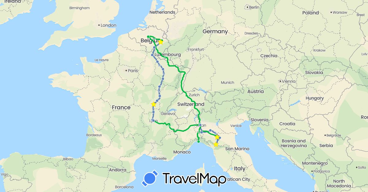 TravelMap itinerary: driving, bus, cycling in Belgium, France, Italy (Europe)